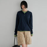 [Henry Neck, Round Neck] [Nieve] Loose Fit Cutline Long-Sleeve T-Shirt - 8 Colors