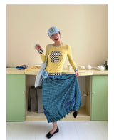 UnsocialNight2025 Autumn New Original Blue Plaid Stitching Casual Flower Flower Skirt Women