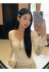 レースブルーリボンツーピース長袖Tシャツ