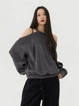 Cutout Halter Neck Sweat Long T-Shirt, Charcoal
