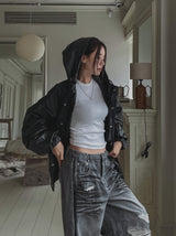 Binsi Pocket Overfit Hood Leather Jumper