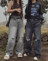 [U-DENIM] サマーリッペードジーンズワイドデニムパンツ