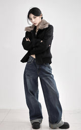 Cuffed cat washing denim pants