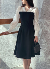 Chenibel V-neck Color Matching Pin-Tuck Flare One Piece