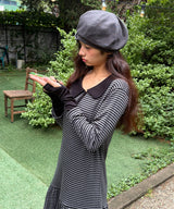STRIPE ASYMMETRY COLLAR ONE PIECE - BLACK