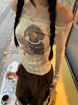 ドッグビーズレースオフショルダー長袖Tシャツ