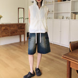 Kelu Vintage Washing Strap Cargo Denim Bermuda Half-Length Pants