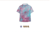A short-sleeved T-shirt with a half-high collar, regular shoulders, printed patterns, and lace elastic ear-shaped trims.