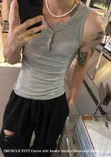 [MUSCLE FIT] カーブスリットヘンリーネックスリーブレス(5color)