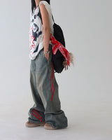 [UNISEX] レッドトラックバックバンドワイドジーンズ