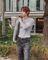 Kanden Ribbed Henley Neck Slim Long Sleeve T-shirt