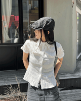 Ripple Mood Stripe Span Shirring Short Sleeve Shirt (3 colors)