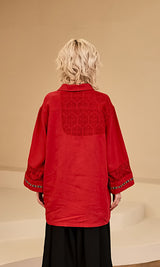 Lace color combination linen shirts Red