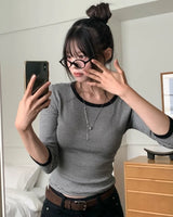 ナウ カラー マッチング ストライプ スリー クォーター Tシャツ