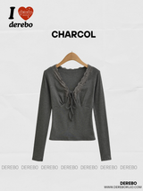 ピュアデザイナーレースVネックロングスリーブTシャツ