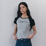 CコントラストラグランスリムTシャツ - ブラック