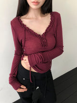 Chena Frill-Neck Long-Sleeve T-Shirt