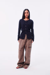WOOL BLEND PIQUÉ TEXTURE CROSS TOTEM EMBROIDERY RAW-EDGE FOUR-COLOR BUTTON CARDIGAN