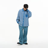 RELABEL Custom Washed Denim Patchwork Loose Silhouette Soft Long Shirt Casual Versatile Shirt Fashionable
