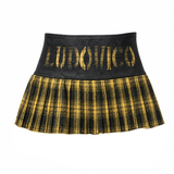 Emoha Women's Retro Low-Rise Y2K Pleated Mini Skirt – Patchwork Plaid & Faux Leather Style