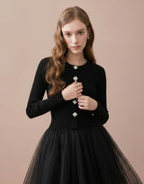 Amelia Jewel Button Rib Knit Cardigan Black
