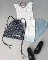 Floral denim string backpack_dark blue