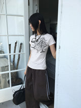 ドゥードゥルタトゥープリンティングスリムショートスリーブTシャツ