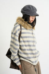 Stripe fur crop hood zip-up