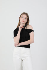 オフショルダーツイスト半袖Tシャツ Black