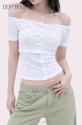 Sherbet off-shoulder button short sleeve T-shirt
