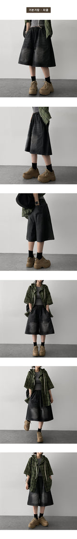 [Basic & long] Ichi banding side pintuck pleated denim Bermuda shorts
