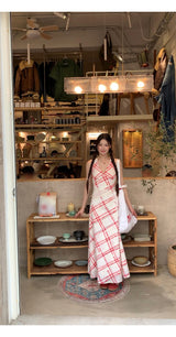Red checkered V-neck sleeveless long dress