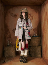 Kitsch look Embroidered Patch Quilted Duffle Coat