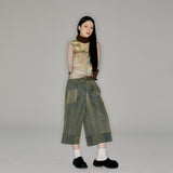 Retro fountain print coffee color stitching knitted contrast mesh bottom
