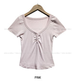 [U-BASIC] Slow button V-neck short sleeve