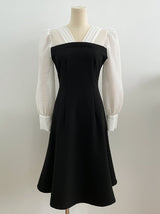 Chenibel V-neck Color Matching Pin-Tuck Flare One Piece