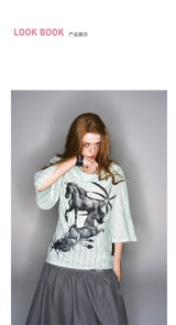 2025 Spring/Summer New Printed Mint Green Swing Neck Loose Top