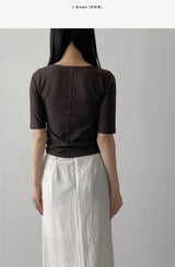 Pintuck U-Neck Elbow Length T-Shirt