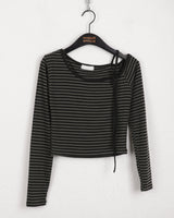 Seble one-shoulder unbalance strap striped long-sleeved T-shirt