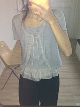 Pokapo Frill Layered Ribbed Short Sleeve Cardigan