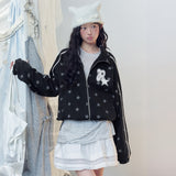 Kitsch Star Print Lace Trim Oversized Zip-Up Top