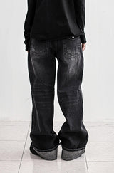 Cuffed cat washing denim pants