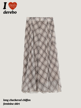 Long Check Chiffon Sharalla Skirt