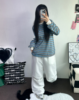 STRIPE OVER BOXY BOYFRIEND LONG SLEEVE T SHIRT ❤💚🩵🧸4COLOR