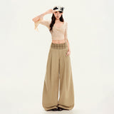 Khaki Check Wide-Leg Elastic Waist Trousers