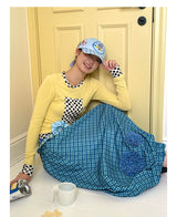 UnsocialNight2025 Autumn New Original Blue Plaid Stitching Casual Flower Flower Skirt Women