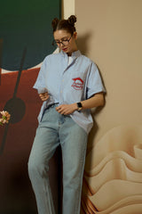 Blue Stripe Pocket short-sleeved Shirt [Unisex]