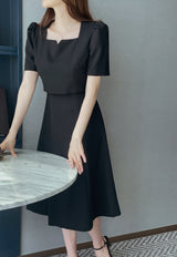 26SS★ Berlin Notch Square-Neck Short Sleeve Tweed Flare One Piece Long