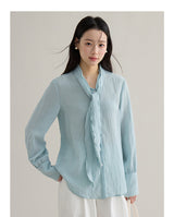 French ribbon tie V-neck blouse