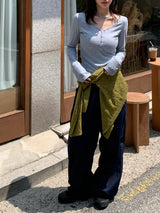 ボタン フェイク Vネック リブ スリム Tシャツ（8色）